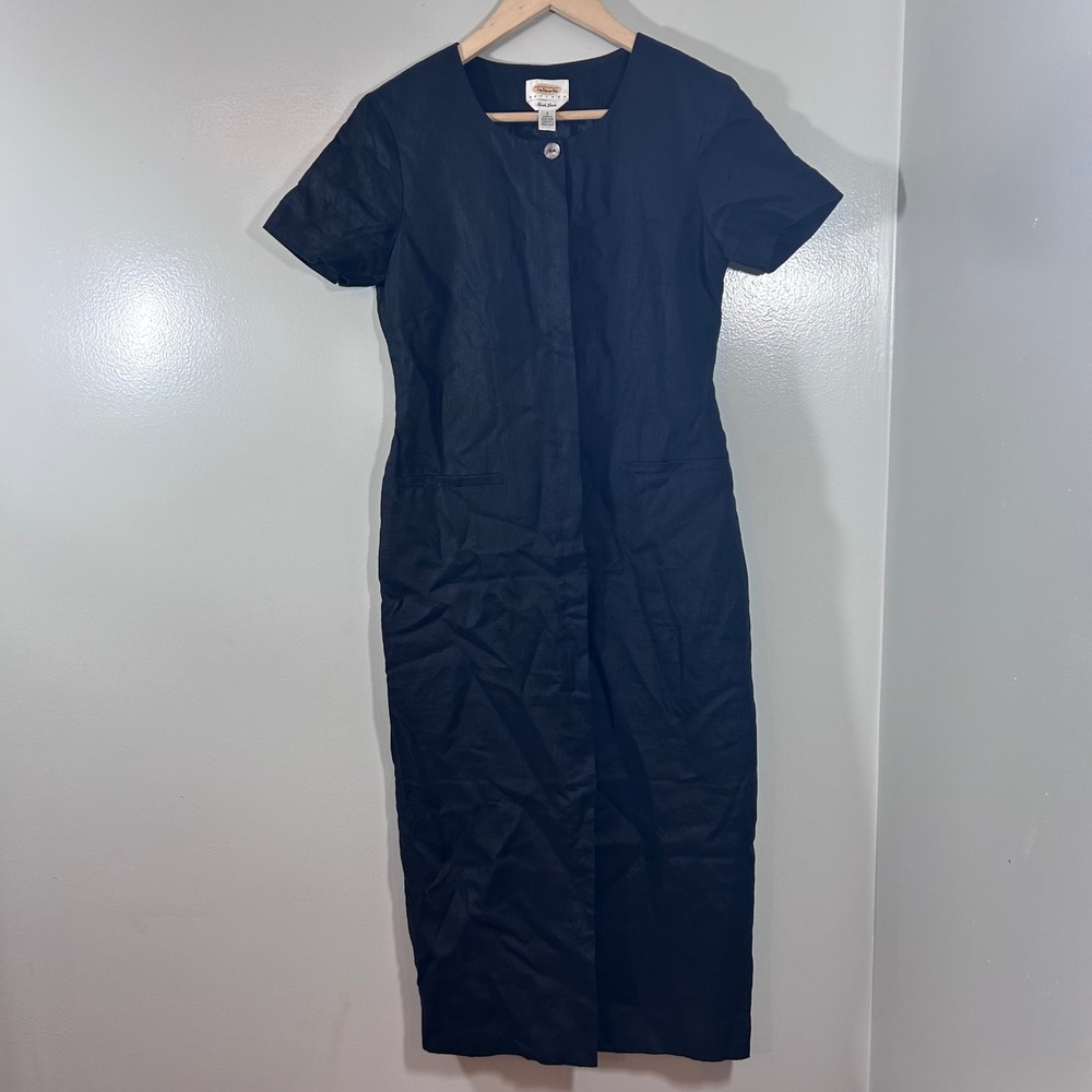 Talbots Petites Black Irish Linen Midi Dress Short Sleeve Button Front Size 4P